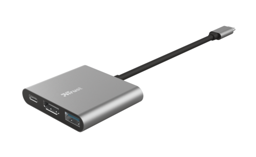 Trust 23772 Adaptador Multipuerto USB-C 3 en 1 con HDMI, USB-A y USB-C PD para Portátil y MacBook, Aluminio Negro