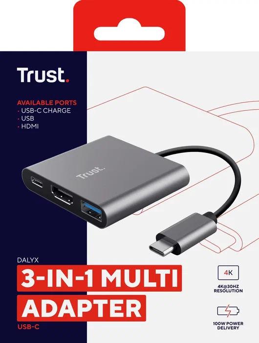 Trust Dalyx 3 en 1 Adaptador USB-C con HDMI, USB-A y C PD Gris