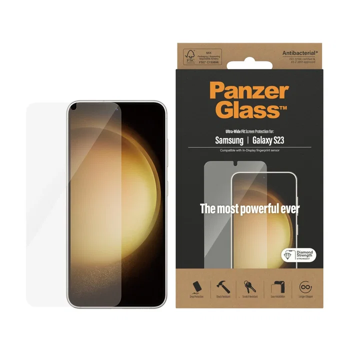 PanzerGlass® Protector de Pantalla Samsung Galaxy S23 - Ultra-Wide Fit, Vidrio Templado, Resistente a Rayones y Golpes, Antibacteriano, Aplicación en Seco, 1 Pieza