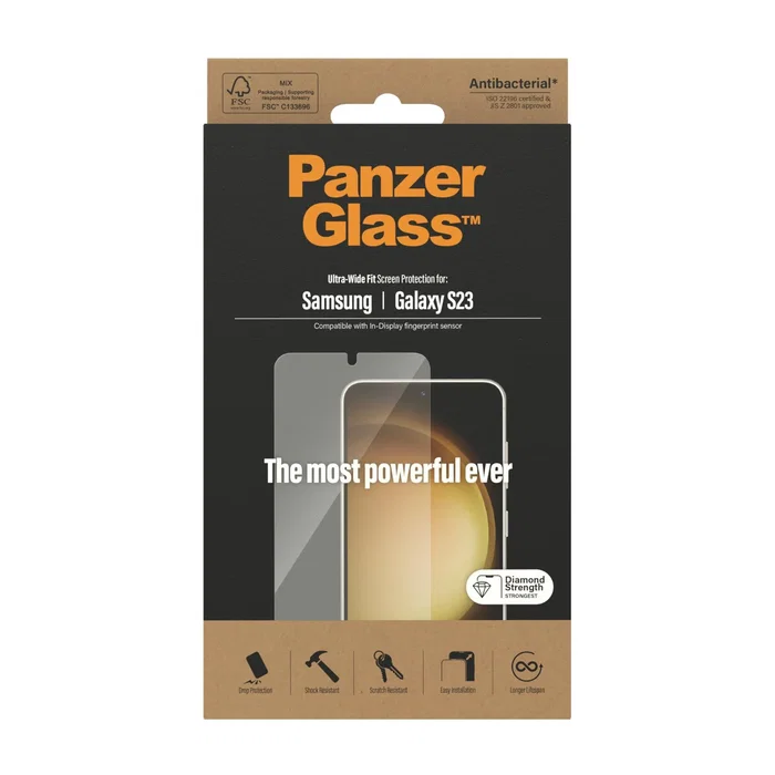 PanzerGlass® Protector de Pantalla Samsung Galaxy S23 - Ultra-Wide Fit, Vidrio Templado, Resistente a Rayones y Golpes, Antibacteriano, Aplicación en Seco, 1 Pieza