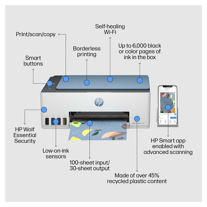 HP Smart Tank 5106 - Impresora Multifunción Inalámbrica A4 Color All-in-One con Tanque de Tinta, Escáner, Copiadora, Wi-Fi, AirPrint (4A8D1A#BHC) - Azul Surf HP Smart Tank 5106 - Impresora Multifunción Inalámbrica A4 Color All-in-One con Tanque de Tinta, Escáner, Copiadora, Wi-Fi, AirPrint (4A8D1A#BHC) - Azul Surf