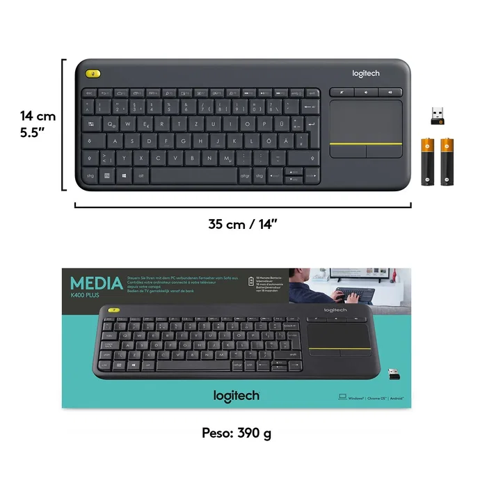 Logitech K400 Plus Teclado Inalámbrico con Touchpad Negro