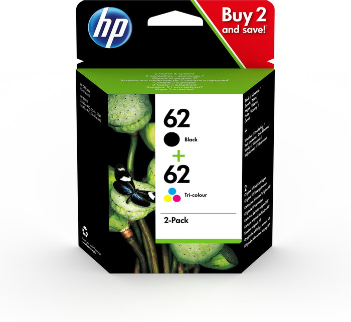 HP 62 Multipack de Tinta Original Negro y Tricolor (N9J71AE)