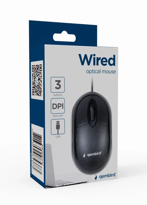 Gembird Ratón Óptico USB Ambidiestro MUS-U-01, 1000 DPI, 3 Botones con Rueda de Desplazamiento, Negro, Plug & Play para PC y Portátil
