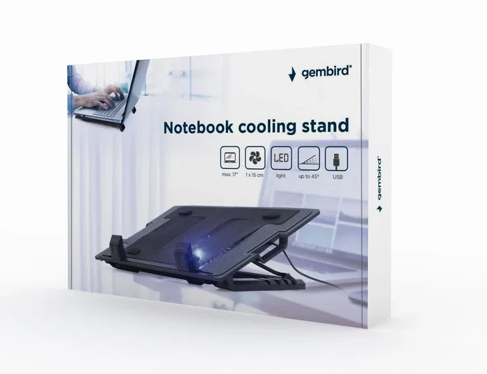 Gembird Base Refrigeradora Portátil Ajustable NBS-1F17T-01 con Ventilador Silencioso 1500 RPM, Luz LED y Puerto USB para Portátiles Hasta 17 Pulgadas