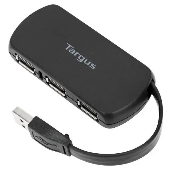 Targus ACH114EU Hub USB 2.0 de 4 Puertos, 480 Mbps, Negro, Compacto y con Cable Fijo, para Portátil (Compatible con PC y Mac)