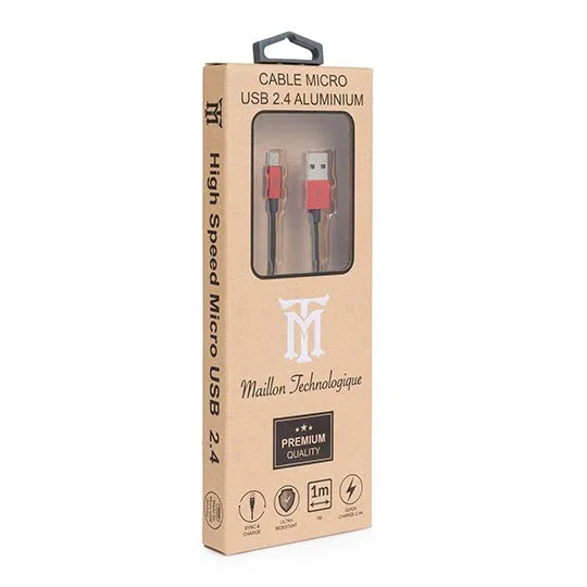 Maillon Technologique MTPMUR241 Cable Micro USB 2.0 A a B, Carga Rápida 2.4A, 1 Metro, Conectores en Aluminio, Color Rojo