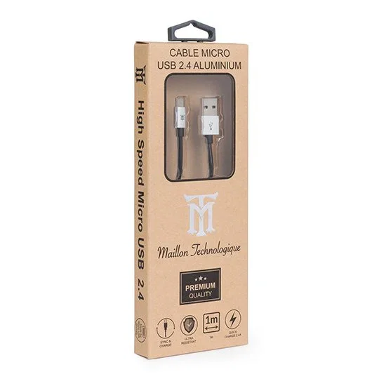 Maillon Technologique MTPMUS241 Cable USB 2.0 de 1m USB-A a Micro-USB B Plata, Sincronización y Carga Rápida Quick Charge 2.4A