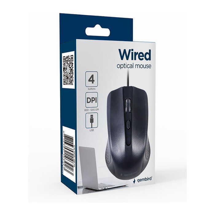 Gembird MUS-4B, Ratón Óptico USB Negro para Ordenador o Portátil, Ergonómico y Preciso