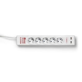 Salicru SPS SAFE 5+ - Regleta Protector de Sobretensiones con 5 Tomas Schuko y 2 USB, Interruptor, Protección Rearmable, 1.8 m