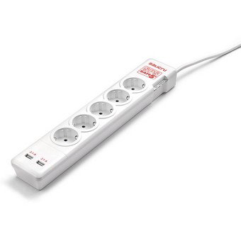 Salicru SPS SAFE 5+ - Regleta Protector de Sobretensiones con 5 Tomas Schuko y 2 USB, Interruptor, Protección Rearmable, 1.8 m