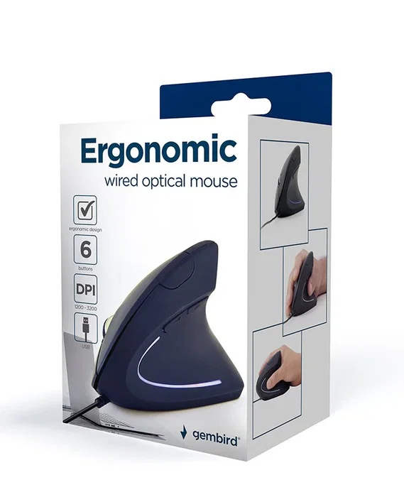 Gembird MUS-ERGO-01 Ratón Ergonómico para Oficina con Cable USB, Óptico 3200 DPI, 6 Botones, Negro, para Mano Derecha