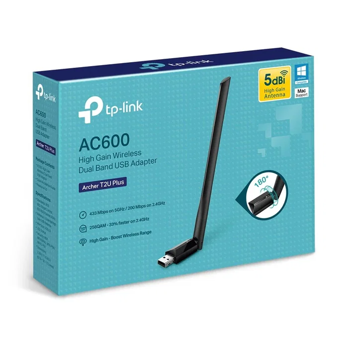 TP-Link Archer T2U Plus Adaptador USB Wi-Fi 600 Mbps AC600 Doble Banda (2.4GHz/5GHz) Plug & Play Negro