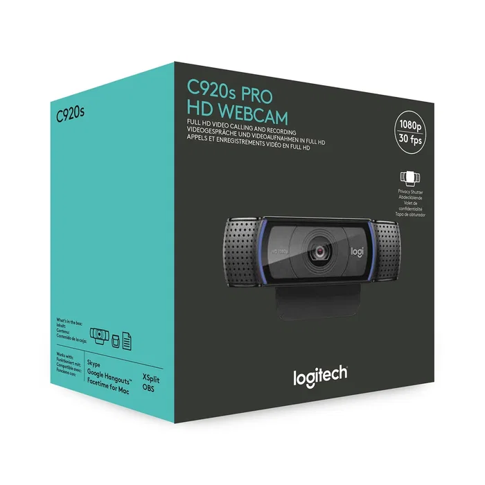 Logitech C920S HD Pro Webcam 1080p Full HD Enfoque Automático, Micrófonos Estéreo, Tapa Privacidad, 78°, USB, Negro - 960-001252