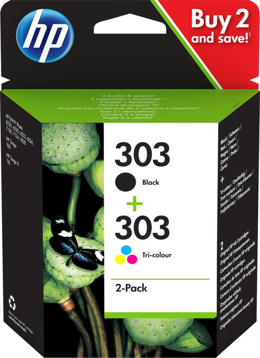 HP Paquete de 2 cartuchos de tinta Original 303 Negro y Tricolor (3YM92AE) de rendimiento estándar HP Paquete de 2 cartuchos de tinta Original 303 Negro y Tricolor (3YM92AE) de rendimiento estándar