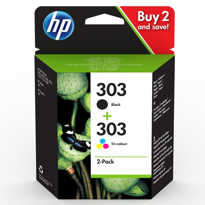 HP Paquete de 2 cartuchos de tinta Original 303 Negro y Tricolor (3YM92AE) de rendimiento estándar HP Paquete de 2 cartuchos de tinta Original 303 Negro y Tricolor (3YM92AE) de rendimiento estándar