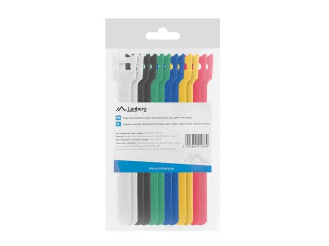 Lanberg ORG01-MT150-MC6 Bridas adherentes para cables, Tela, 12mm x 15cm, Pack de 12 uds - Negro, Azul, Verde, Rojo, Blanco, Amarillo