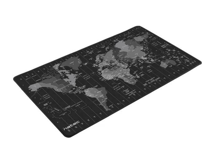 Natec Alfombrilla de Ratón Office Time Zone Map Maxi, Diseño de Mapa Mundi, Resistente al Agua, Tela y Caucho, Negro/Gris, 800x400 mm