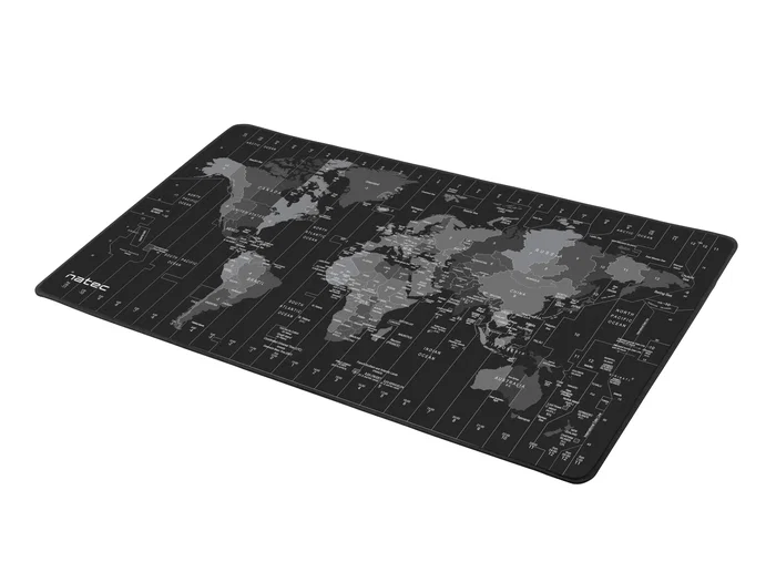 Natec Alfombrilla de Ratón Office Time Zone Map Maxi, Diseño de Mapa Mundi, Resistente al Agua, Tela y Caucho, Negro/Gris, 800x400 mm