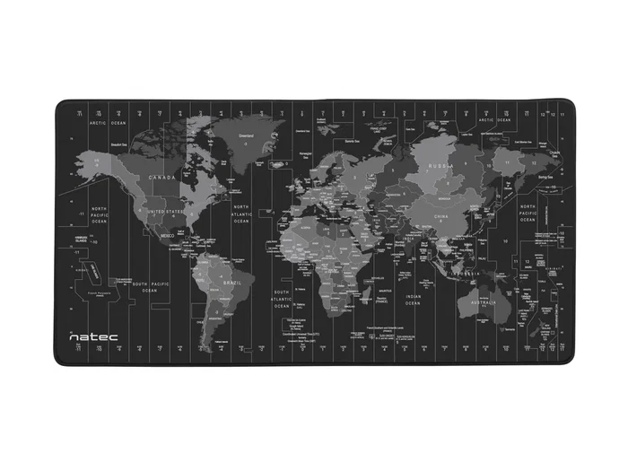 Natec Alfombrilla de Ratón Office Time Zone Map Maxi, Diseño de Mapa Mundi, Resistente al Agua, Tela y Caucho, Negro/Gris, 800x400 mm