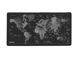 Natec Alfombrilla de Ratón Office Time Zone Map Maxi, Diseño de Mapa Mundi, Resistente al Agua, Tela y Caucho, Negro/Gris, 800x400 mm