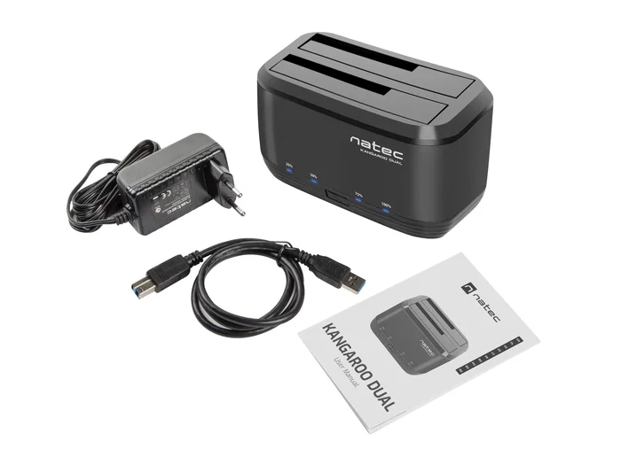 NATEC Kangaroo Dual Docking Station USB 3.0 para HDD/SSD SATA 2.5"/3.5" (Hasta 8 TB) - Adaptador AC Incluido