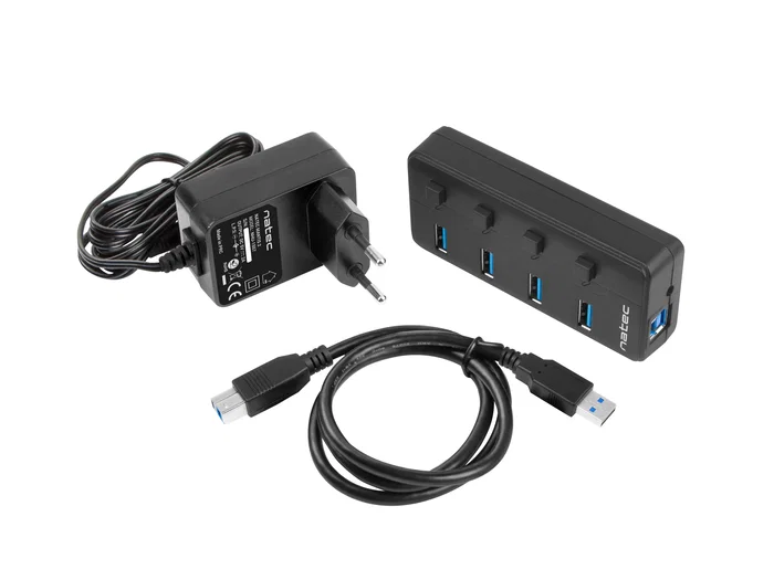 Natec MANTIS2 Hub USB 3.0 - 4 Puertos con Interruptor On/Off y Adaptador de Corriente - Velocidad 5000 Mbit/s - Negro ABS