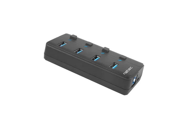 Natec MANTIS2 Hub USB 3.0 - 4 Puertos con Interruptor On/Off y Adaptador de Corriente - Velocidad 5000 Mbit/s - Negro ABS