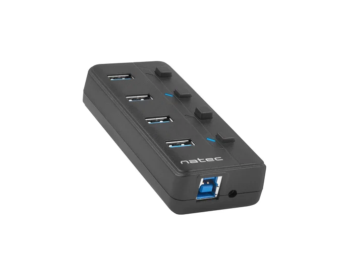 Natec MANTIS2 Hub USB 3.0 - 4 Puertos con Interruptor On/Off y Adaptador de Corriente - Velocidad 5000 Mbit/s - Negro ABS