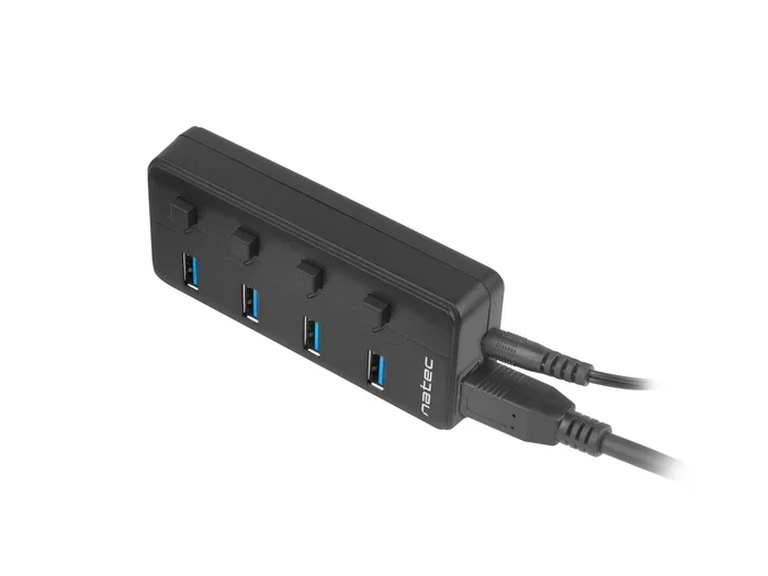 Natec MANTIS2 Hub USB 3.0 - 4 Puertos con Interruptor On/Off y Adaptador de Corriente - Velocidad 5000 Mbit/s - Negro ABS