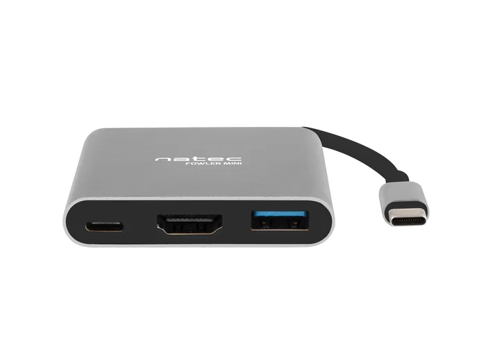 Natec Fowler Mini Adaptador USB-C Multipuerto - USB 2.0 a HDMI 4K, USB 3.2 Gen 1 Tipo-A y Tipo-C, Color Gris, 59 x 52 x 12 mm