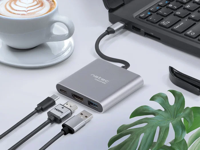 Natec Fowler Mini Adaptador USB-C Multipuerto - USB 2.0 a HDMI 4K, USB 3.2 Gen 1 Tipo-A y Tipo-C, Color Gris, 59 x 52 x 12 mm