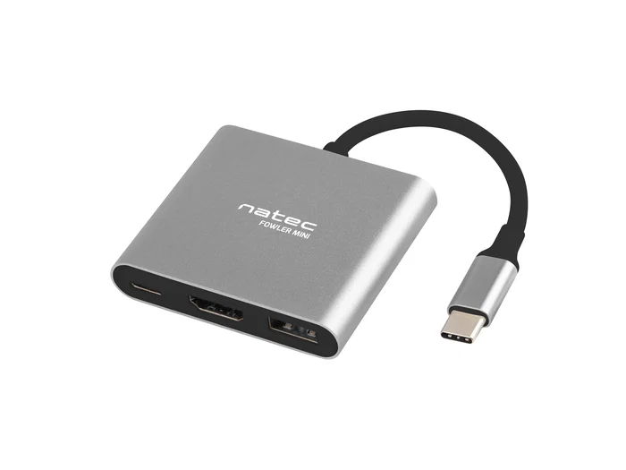 Natec Fowler Mini Adaptador USB-C Multipuerto - USB 2.0 a HDMI 4K, USB 3.2 Gen 1 Tipo-A y Tipo-C, Color Gris, 59 x 52 x 12 mm