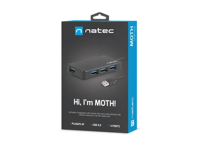 Natec Moth Hub USB 3.0 de 4 Puertos Negro con Cable - Velocidad 5 Gbps (5000 Mbit/s) para Windows 10/8/7, Plug & Play