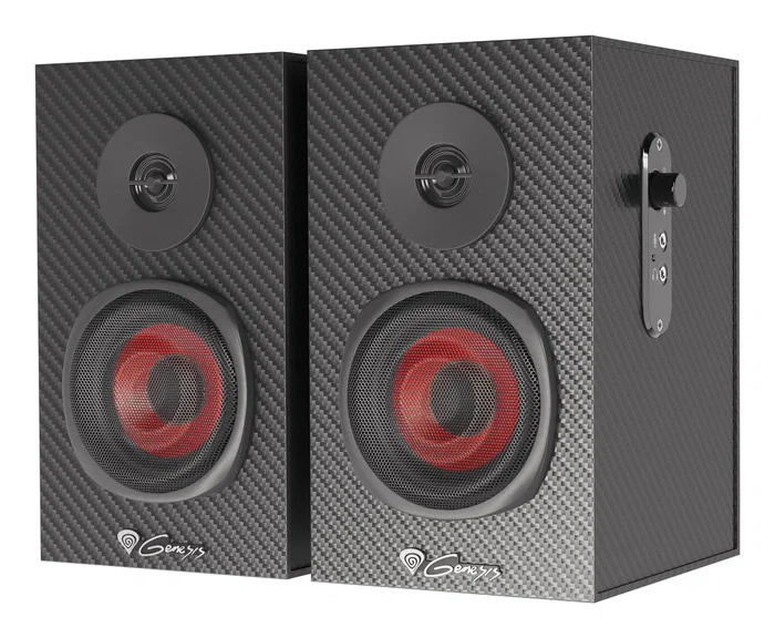 Genesis GENESIS Helium 200 - Altavoces 2.0 para PC, 20 W RMS, Frecuencia 20-20000 Hz, Caja de Madera, Color Negro y Rojo, Conexión Alámbrica (3.5 mm y Mic)
