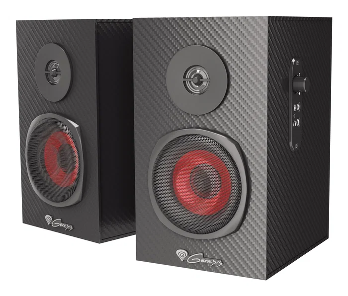 Genesis GENESIS Helium 200 - Altavoces 2.0 para PC, 20 W RMS, Frecuencia 20-20000 Hz, Caja de Madera, Color Negro y Rojo, Conexión Alámbrica (3.5 mm y Mic)
