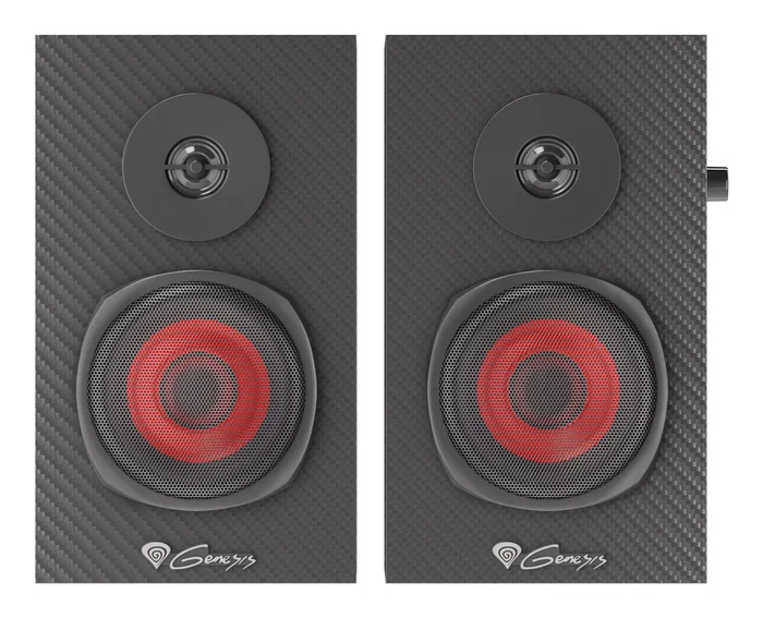 Genesis GENESIS Helium 200 - Altavoces 2.0 para PC, 20 W RMS, Frecuencia 20-20000 Hz, Caja de Madera, Color Negro y Rojo, Conexión Alámbrica (3.5 mm y Mic)