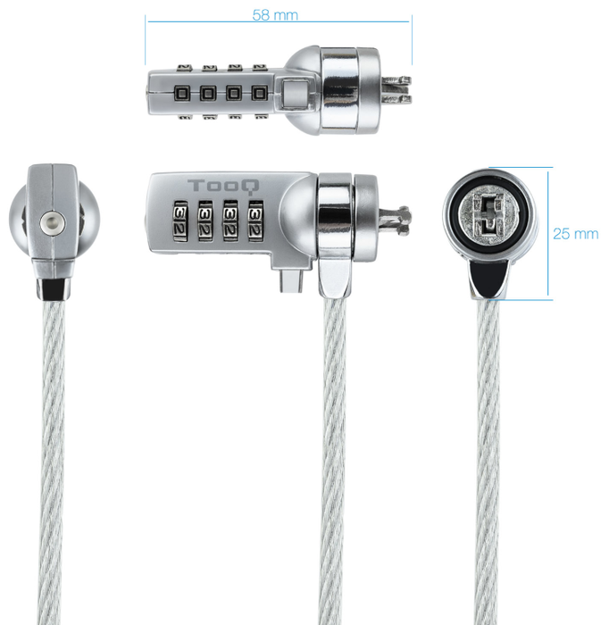 Tooq Cable de Seguridad con Combinación TQCLKC0015, 1,5m, Plata