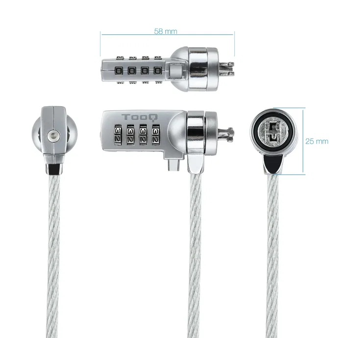 TooQ TQCLKC0015 Cable Antirrobo de Seguridad con Combinación de 4 Dígitos para Portátiles y Dispositivos Kensington - Cable de Acero 4.5mm, Longitud 1.50m, Color Plata