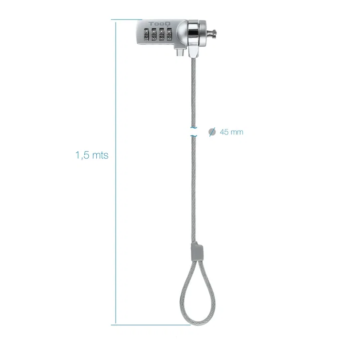 TooQ TQCLKC0015 Cable Antirrobo de Seguridad con Combinación de 4 Dígitos para Portátiles y Dispositivos Kensington - Cable de Acero 4.5mm, Longitud 1.50m, Color Plata