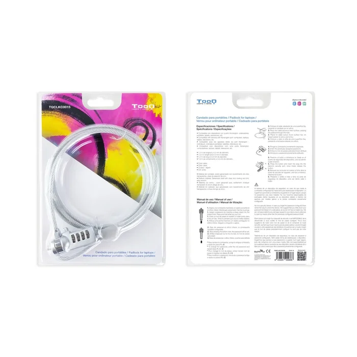 TooQ TQCLKC0015 Cable Antirrobo de Seguridad con Combinación de 4 Dígitos para Portátiles y Dispositivos Kensington - Cable de Acero 4.5mm, Longitud 1.50m, Color Plata