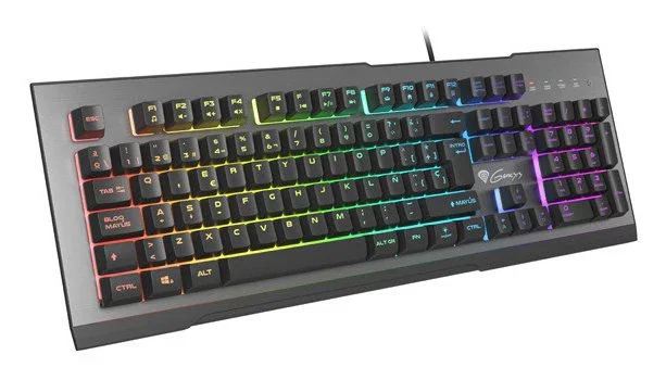 Genesis Rhod 500 - Teclado Gaming USB con Retroiluminación RGB, Layout Español (ISO), Interruptor de Membrana, 104 Teclas, Antifantasma, Negro y Gris