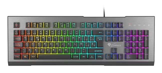 Genesis Rhod 500 - Teclado Gaming USB con Retroiluminación RGB, Layout Español (ISO), Interruptor de Membrana, 104 Teclas, Antifantasma, Negro y Gris