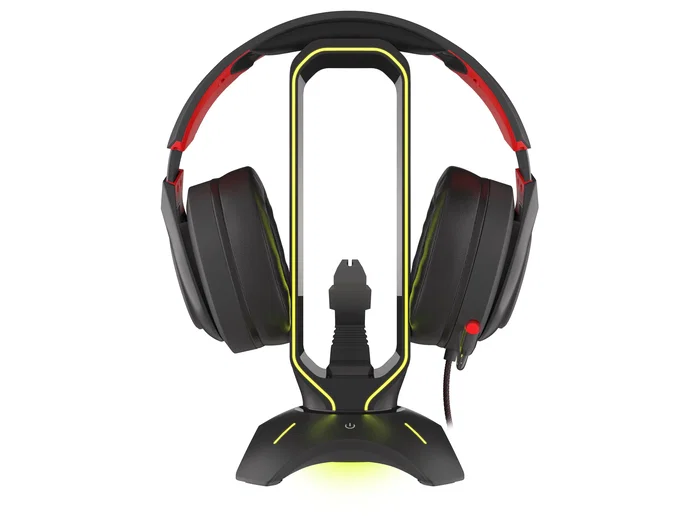 Genesis Vanad 500 - Soporte para Auriculares con Bungee para Ratón, Hub USB 2.0 con 2 Puertos y Retroiluminación LED de 7 Colores, Negro