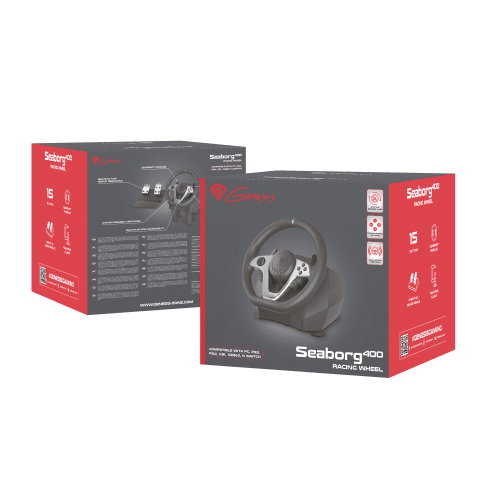 GENESIS Volante + Pedales Seaborg 400 Negro, Plata USB para Nintendo Switch, PC, PlayStation 4, Playstation 3, Xbox 360, Xbox One, Xbox One S, Xbox One X