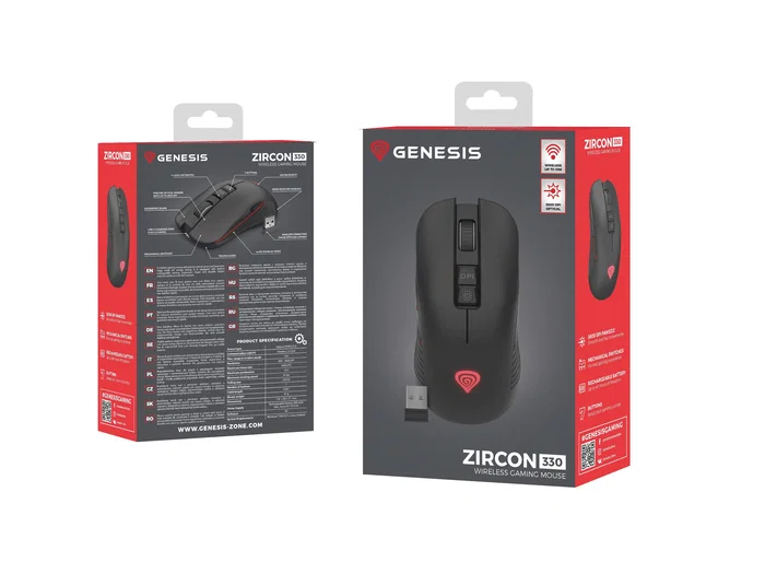 Natec Ratón Gaming Genesis Zircon 330 Inalámbrico 2.4GHz, Sensor Óptico 3600 DPI, 7 Botones, Recargable USB-C, Forma Simétrica para Mano Derecha e Izquierda, Negro/Rojo