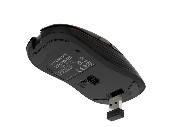 Natec Ratón Gaming Genesis Zircon 330 Inalámbrico 2.4GHz, Sensor Óptico 3600 DPI, 7 Botones, Recargable USB-C, Forma Simétrica para Mano Derecha e Izquierda, Negro/Rojo