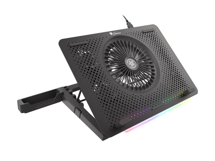 Genesis OXID 450 RGB Base Refrigeradora para Portátil hasta 15.6", con 5 Ventiladores, HUB USB, Soporte de Teléfono y Ajuste de Altura - Negro