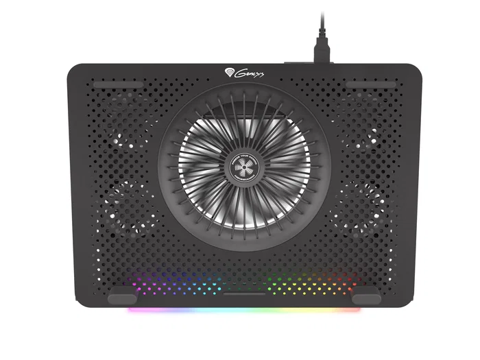 Genesis OXID 450 RGB Base Refrigeradora para Portátil hasta 15.6", con 5 Ventiladores, HUB USB, Soporte de Teléfono y Ajuste de Altura - Negro