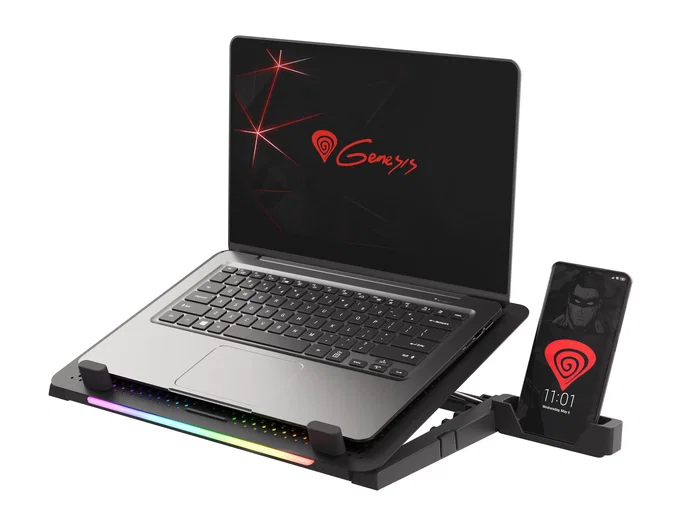 Genesis OXID 450 RGB Base Refrigeradora para Portátil hasta 15.6", con 5 Ventiladores, HUB USB, Soporte de Teléfono y Ajuste de Altura - Negro
